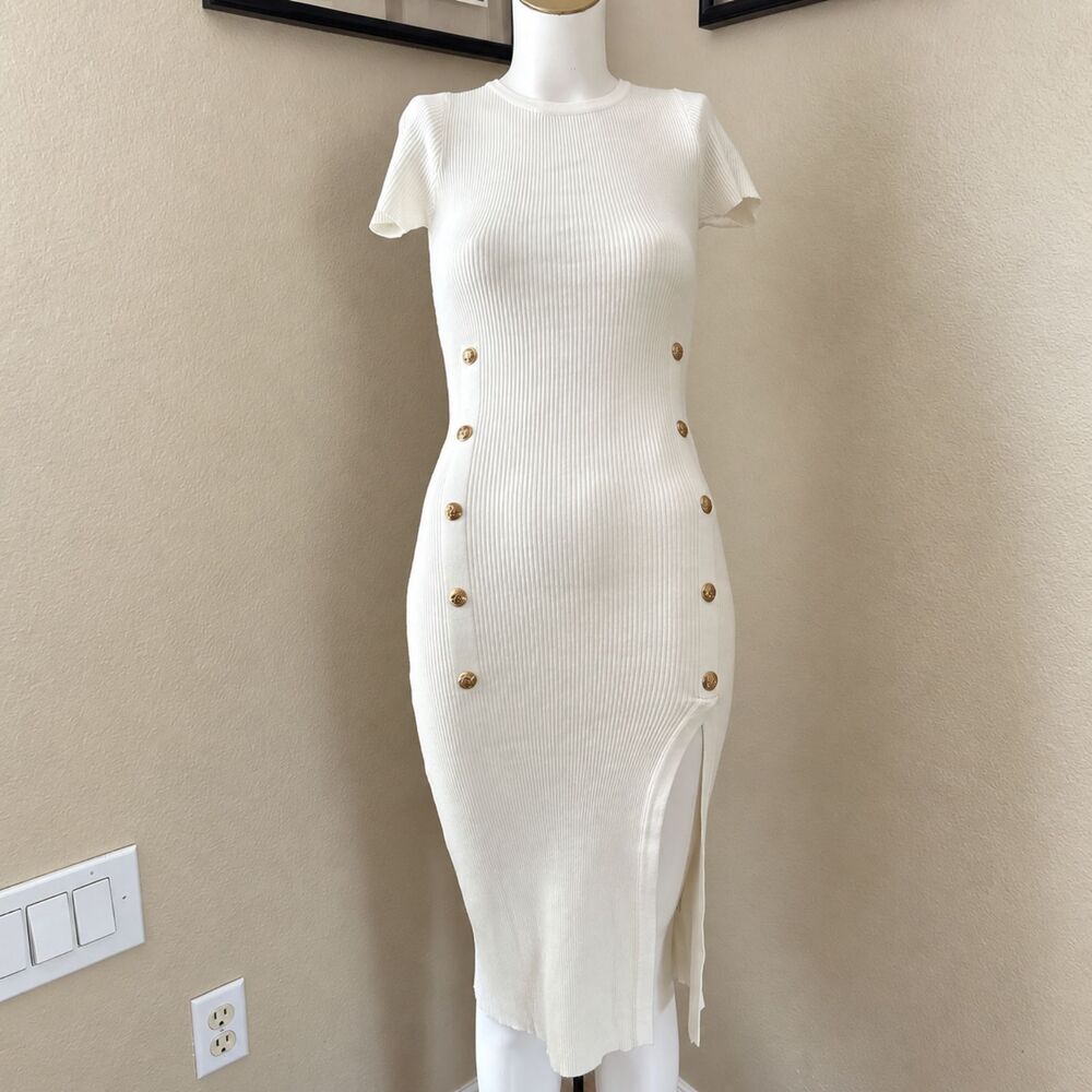 Most Loved Cream Ribbed Knit Button Front Midi Dress Womens Small